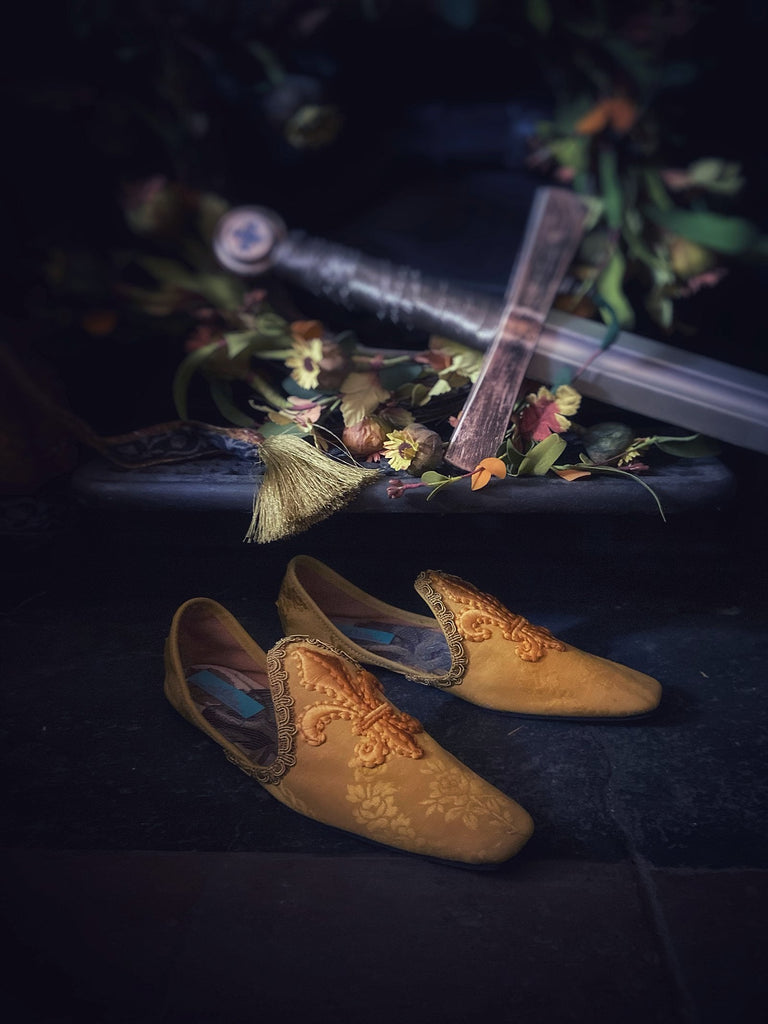 Charlemagne golden yellow silk shoes with embroidered fleur-de-lys by Pavilion Parade