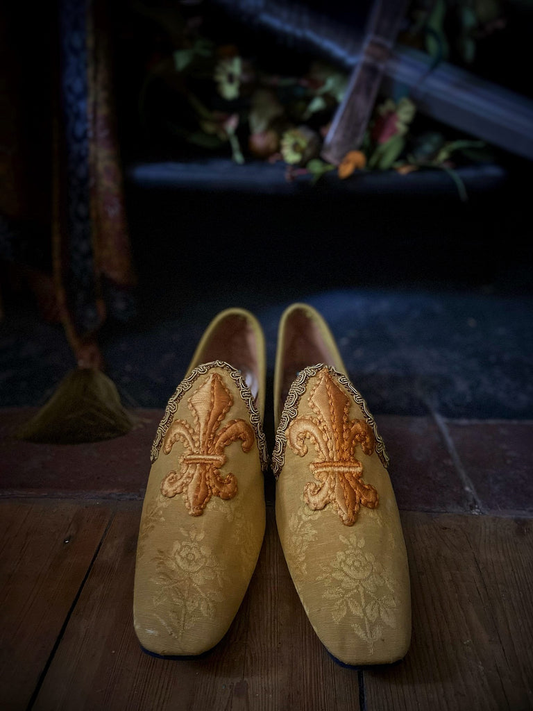 Charlemagne golden yellow silk shoes with embroidered fleur-de-lys by Pavilion Parade