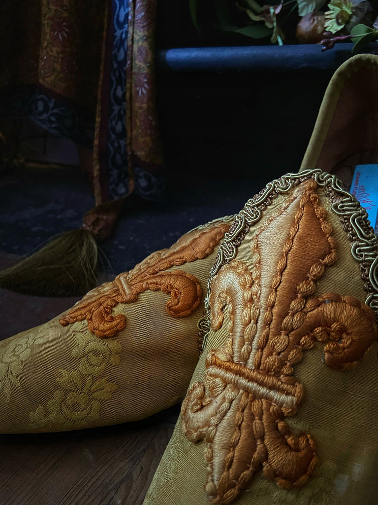 Charlemagne golden yellow silk shoes with embroidered fleur-de-lys by Pavilion Parade