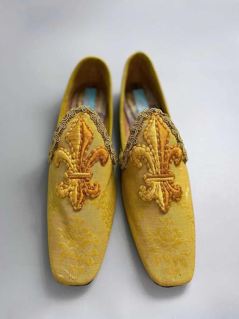 Charlemagne golden yellow silk shoes with embroidered fleur-de-lys by Pavilion Parade