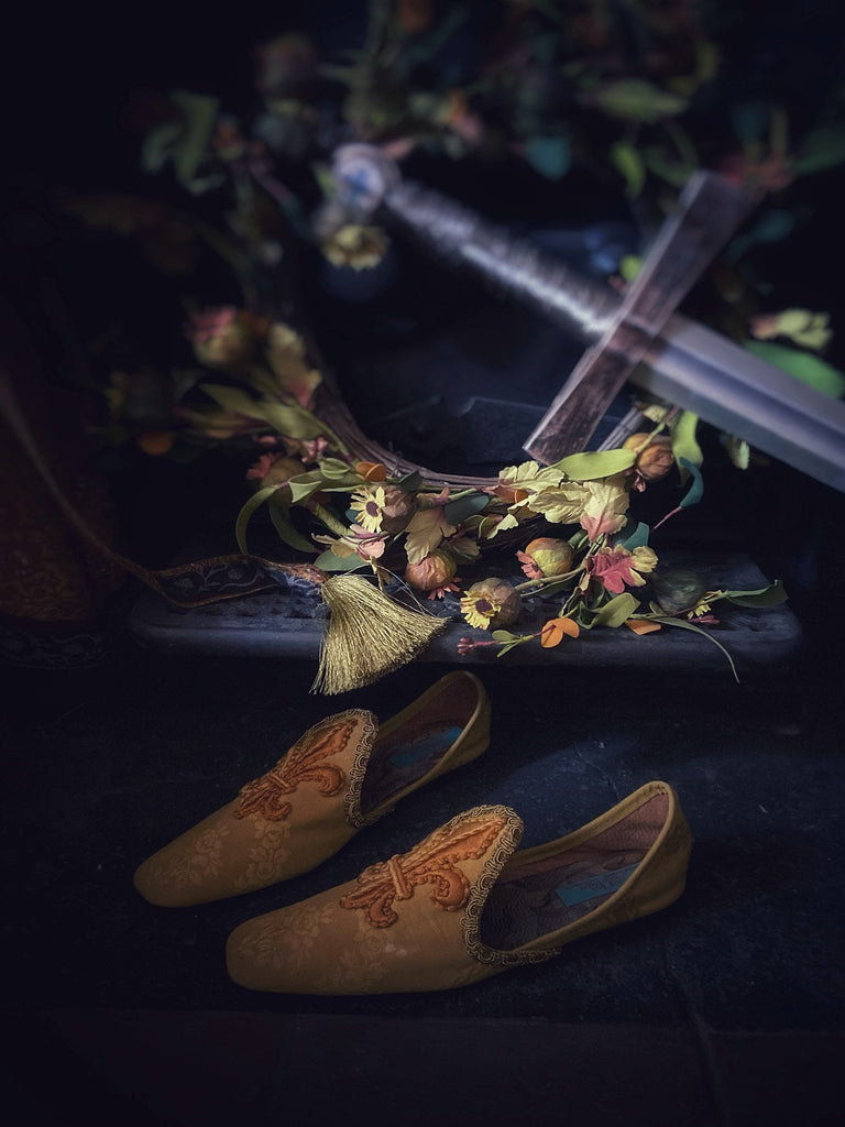Charlemagne golden yellow silk shoes with embroidered fleur-de-lys by Pavilion Parade
