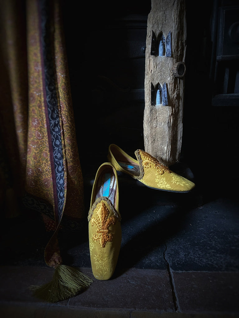 Charlemagne golden yellow silk shoes with embroidered fleur-de-lys by Pavilion Parade