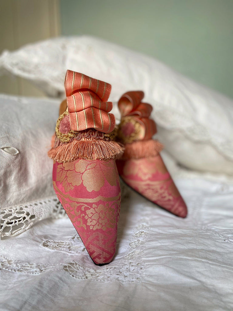 Pavilion Parade handmade shoes created from antique textiles,  available from Joanne Fleming Design. Antique kimono silk and 19th century passementerie create bohemian flat shoes in shades of pink and gold.