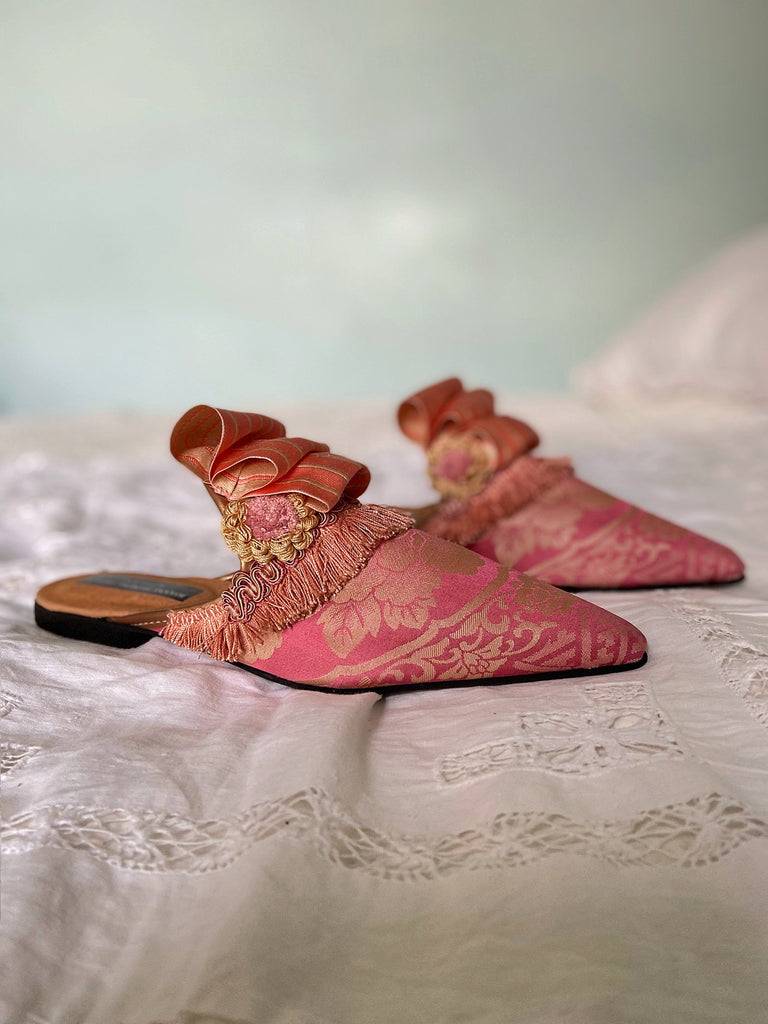 Pavilion Parade handmade shoes created from antique textiles,  available from Joanne Fleming Design. Antique kimono silk and 19th century passementerie create bohemian flat shoes in shades of pink and gold.