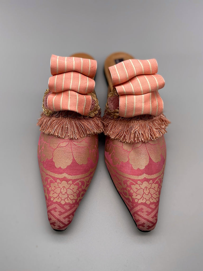 Pavilion Parade handmade shoes created from antique textiles,  available from Joanne Fleming Design. Antique kimono silk and 19th century passementerie create bohemian flat shoes in shades of pink and gold.