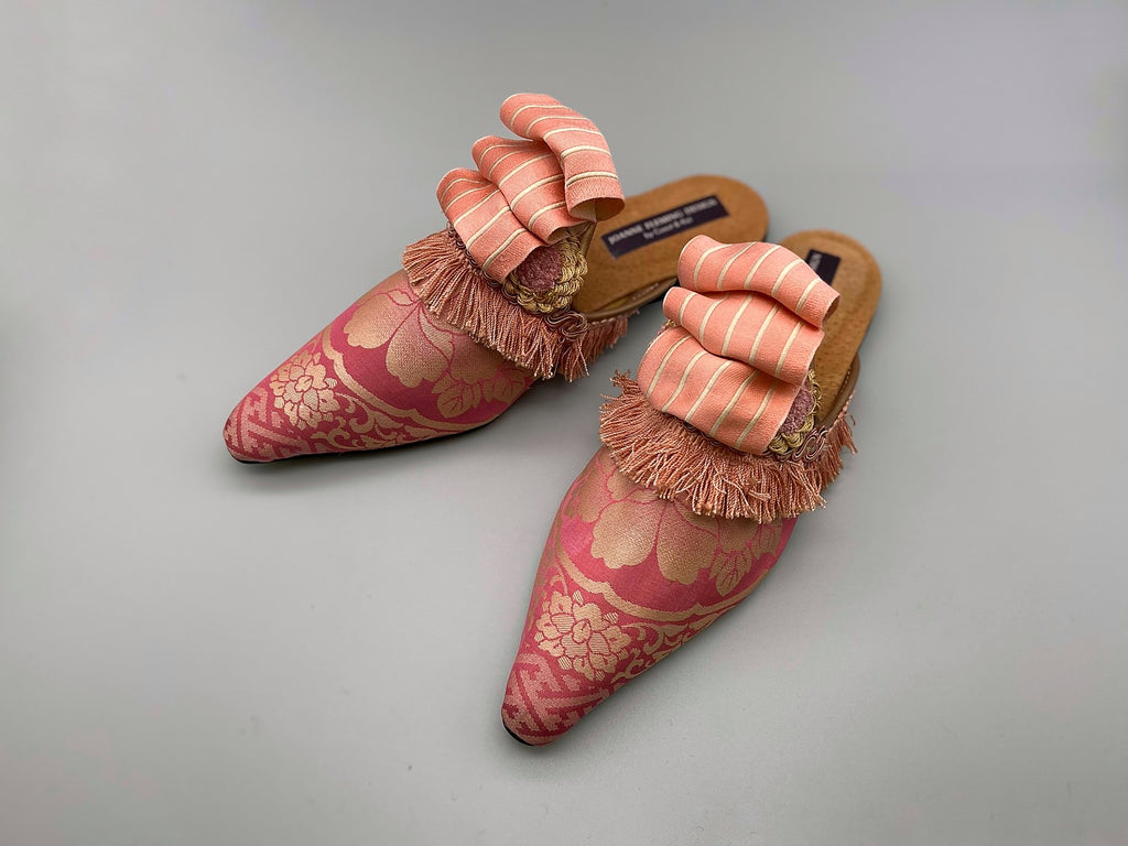 Pavilion Parade handmade shoes created from antique textiles,  available from Joanne Fleming Design. Antique kimono silk and 19th century passementerie create bohemian flat shoes in shades of pink and gold.