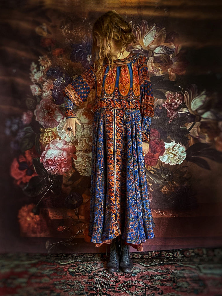 Cobalt blue and paprika orange red silk crepe maxi dress with a full skirt and relaxed fit. Created from vintage and antique textiles by Pavilion Parade