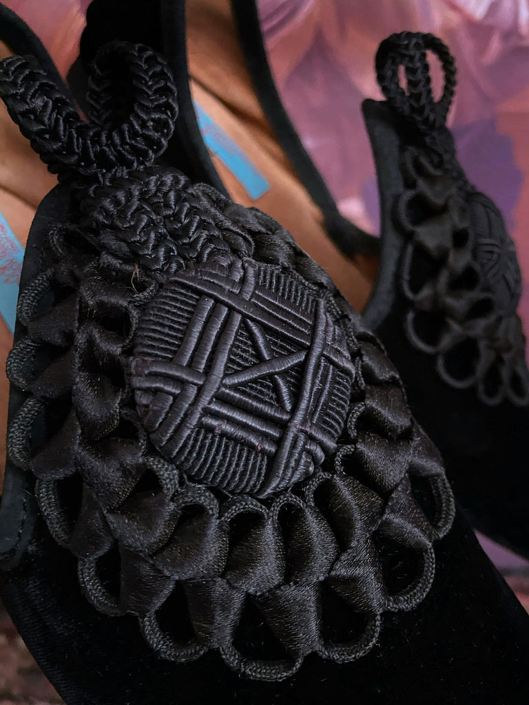 Black silk velvet slipper shoes with antique soutache medallion embellishment by Pavilion Parade