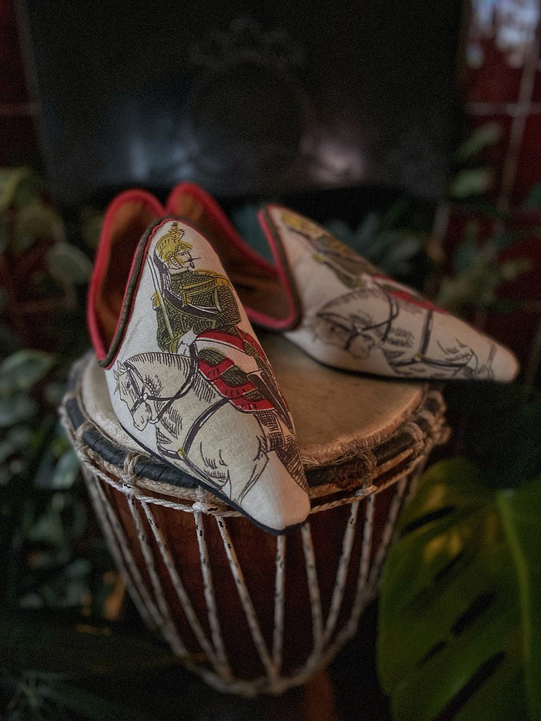 Cuirassier French cavalry officer antique linen and red suede shoes fpr bohemians by Pavilion Parade from Joanne Fleming Design