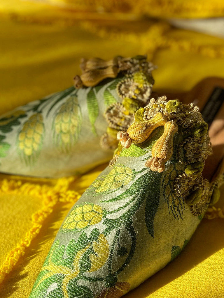 Demeter antique silk textile bohemian shoes by Pavilion Parade, with golden yellow ears of wheat on a shimmering green backround