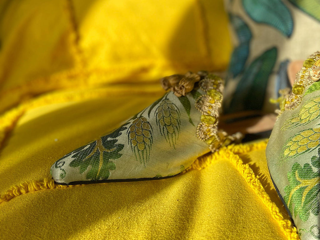 Demeter antique silk textile bohemian shoes by Pavilion Parade, with golden yellow ears of wheat on a shimmering green backround