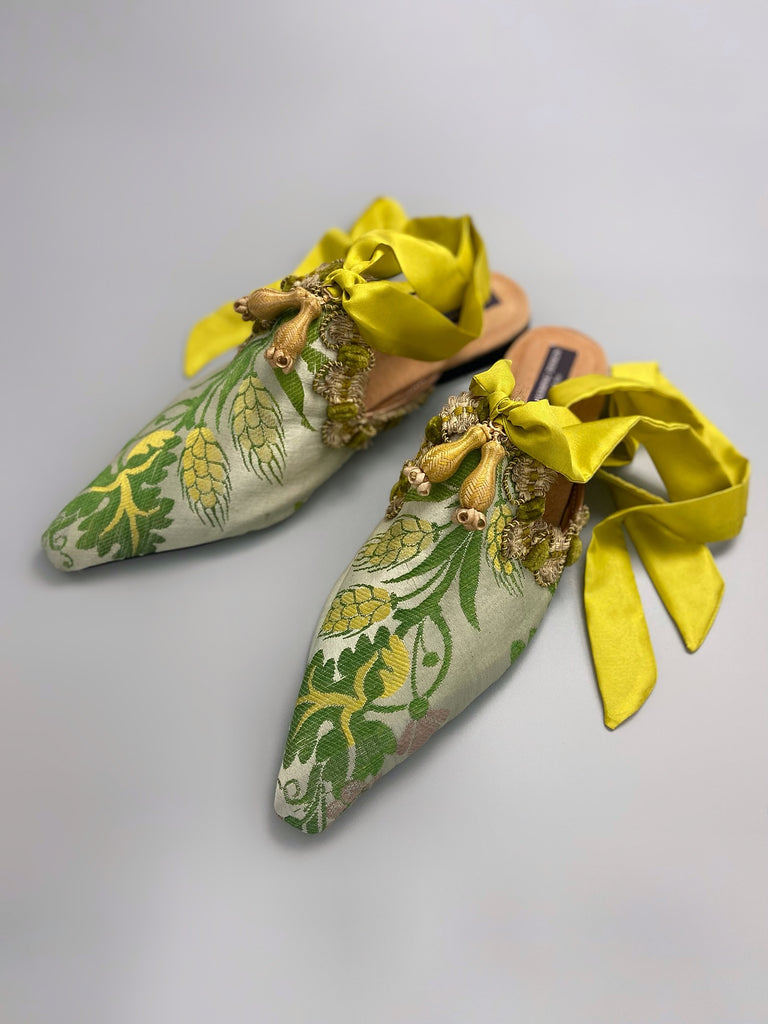 Demeter antique silk textile bohemian shoes by Pavilion Parade, with golden yellow ears of wheat on a shimmering green backround