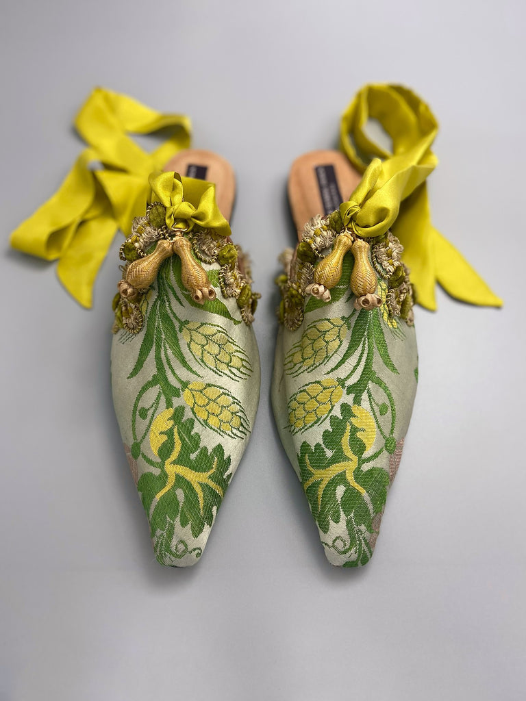 Demeter antique silk textile bohemian shoes by Pavilion Parade, with golden yellow ears of wheat on a shimmering green backround