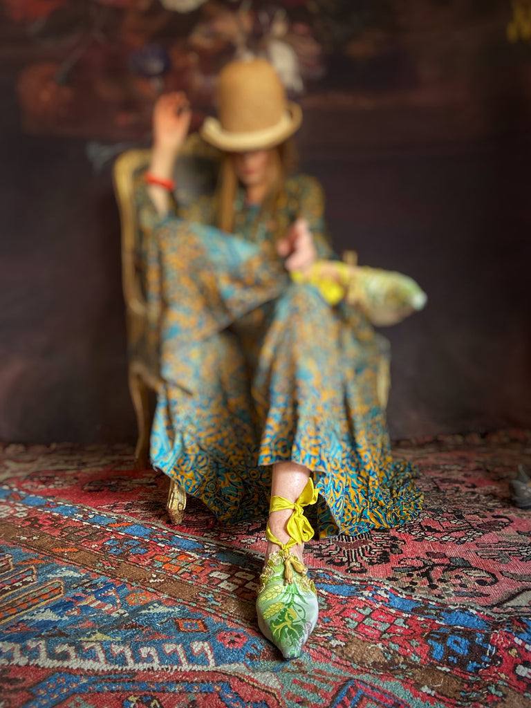 Demeter antique silk textile bohemian shoes by Pavilion Parade, with golden yellow ears of wheat on a shimmering green backround