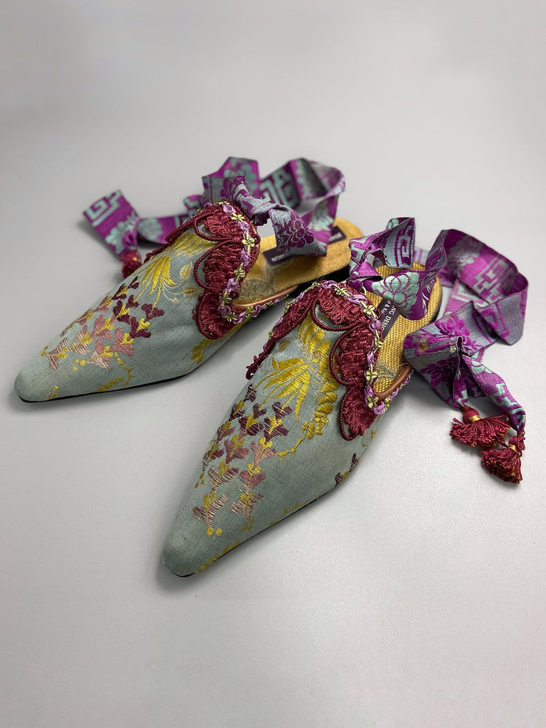 Rococo Dicentra silk boho shoes created from antique textiles by Pavilion Parade. French grey embroidered silk with burgundy, chartreuse and mauve details. Ribbon ankle ties.with burgundy 