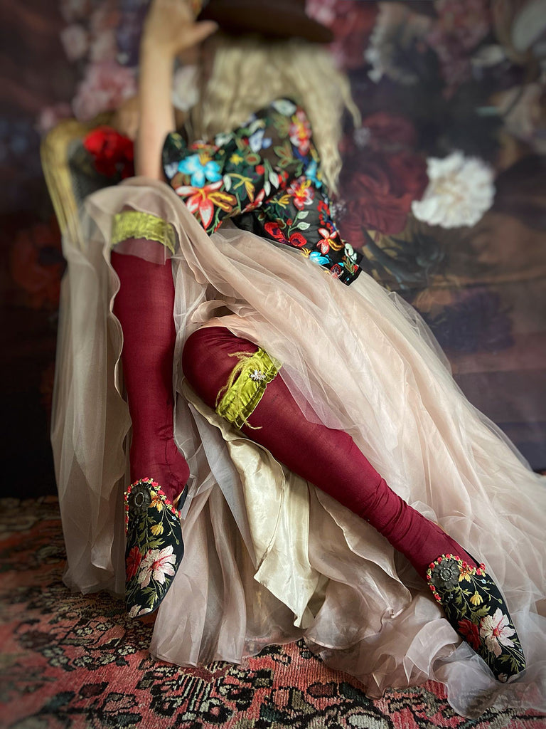 Old Master floral silk bohemian shoes created from antique textiles from Pavilion Parade