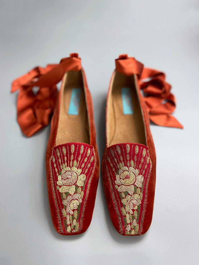 Anais paprika silk velvet square toed shoes with antique 1920s embroidery by Pavilion Parade