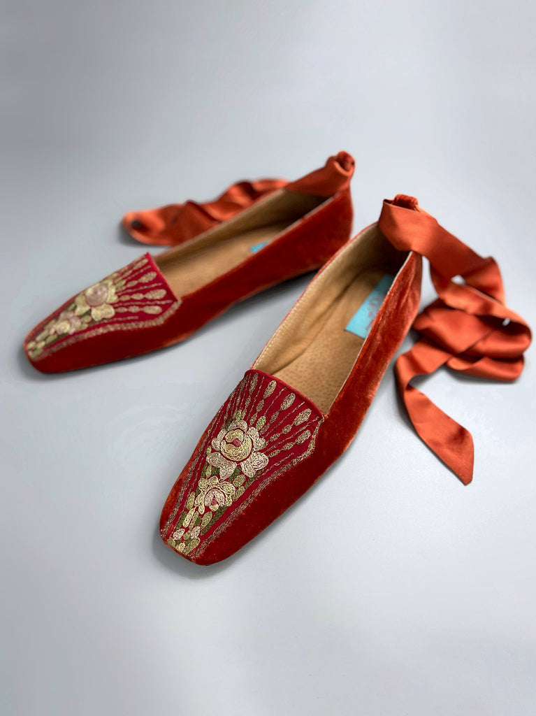Anais paprika silk velvet square toed shoes with antique 1920s embroidery by Pavilion Parade