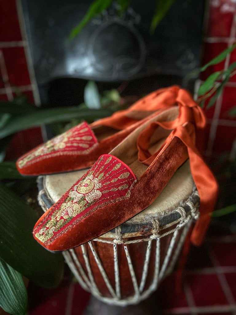 Anais paprika silk velvet square toed shoes with antique 1920s embroidery by Pavilion Parade
