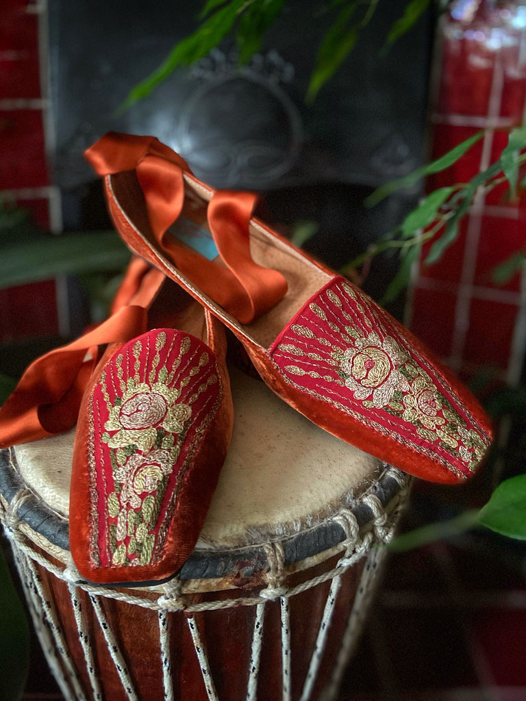 Anais paprika silk velvet square toed shoes with antique 1920s embroidery by Pavilion Parade