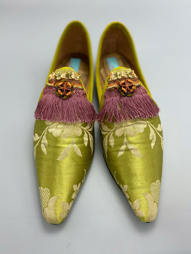 Chartreuse silk damask pointed toe shoes embellished with copper pink tassel fringe and rococo silk ribbon flowers. created from antique textiles by Pavilion Parade