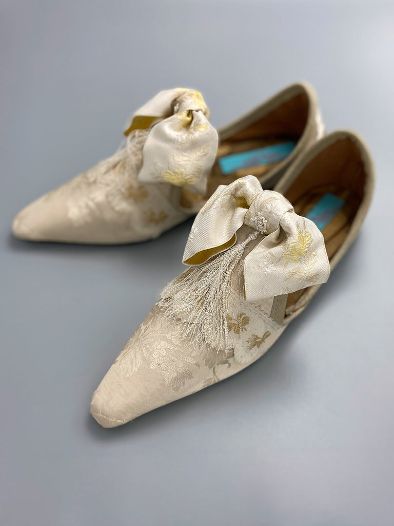 Ivory silk damask bridal boudoir shoes with rococo bows and Victorian tassels. Created from antique textiles by Pavilion Parade