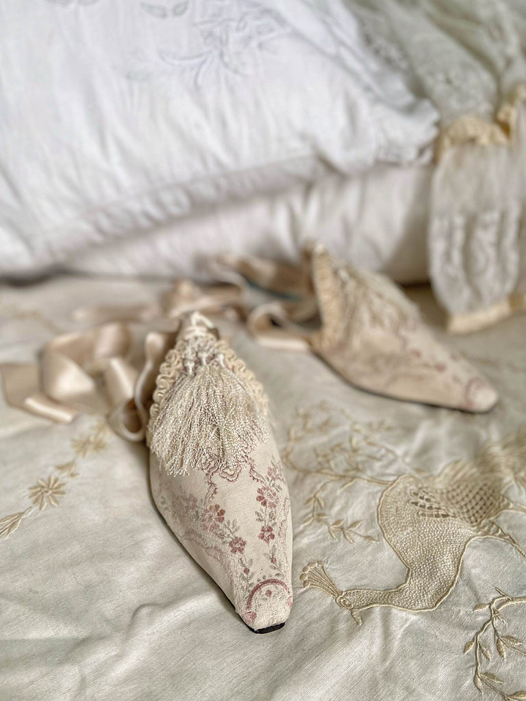 Ivory and pale pink silk brocade bridal boudoir shoes with Victorian tassel embellishment created from antique textiles by Pavilion Parade