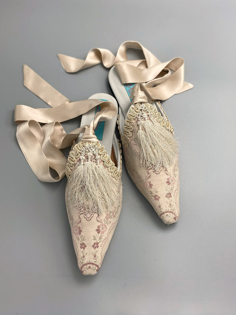 Ivory and pale pink silk brocade bridal boudoir shoes with Victorian tassel embellishment created from antique textiles by Pavilion Parade
