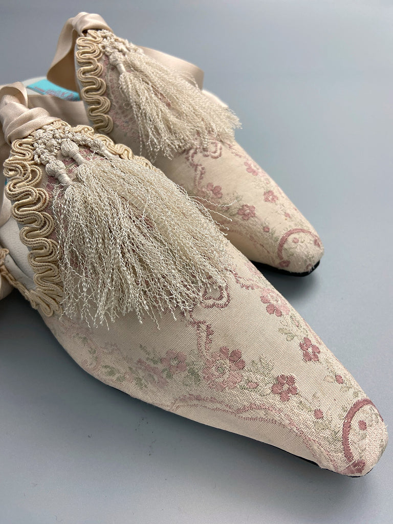 Ivory and pale pink silk brocade bridal boudoir shoes with Victorian tassel embellishment created from antique textiles by Pavilion Parade