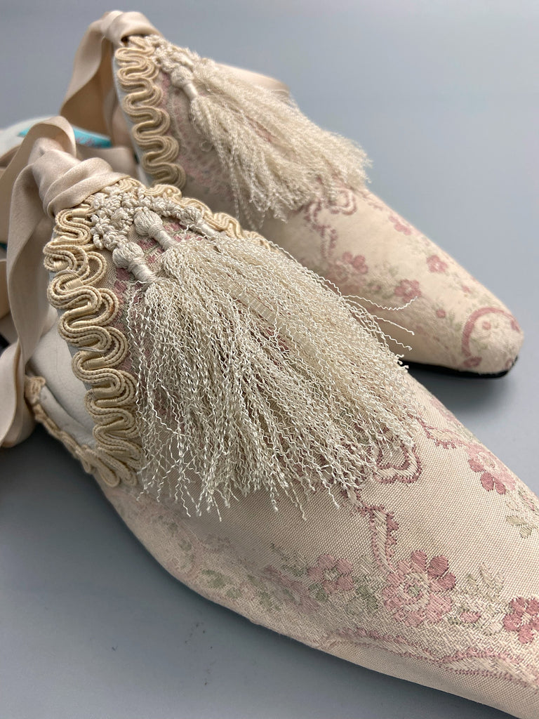 Ivory and pale pink silk brocade bridal boudoir shoes with Victorian tassel embellishment created from antique textiles by Pavilion Parade