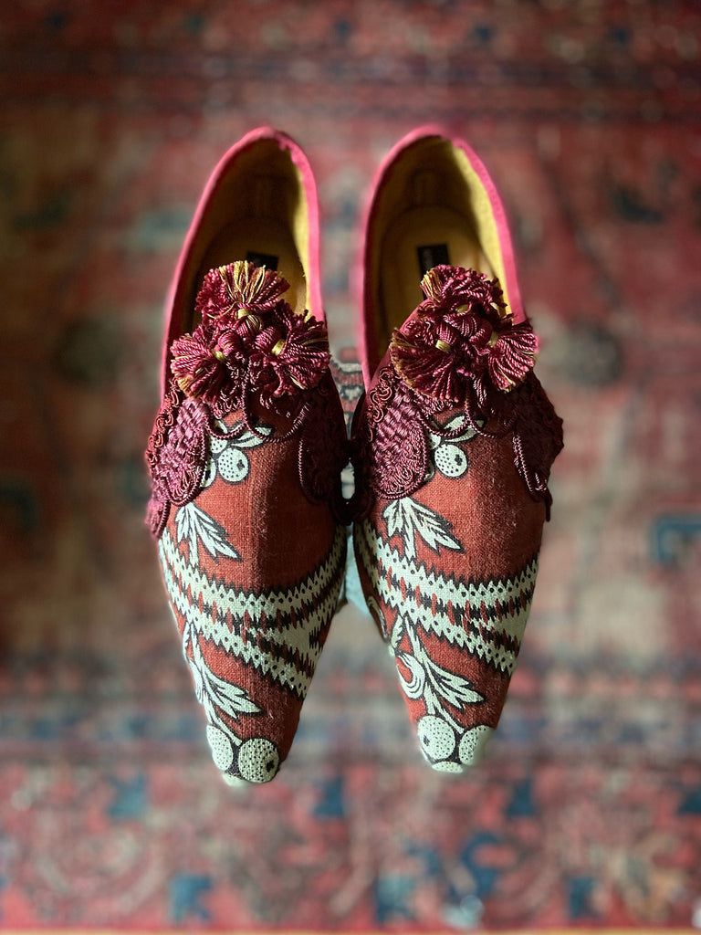 Jongleur red madder antique textile bohemian flat shoes. Pavilion Parade signature collection from Joanne Fleming Design