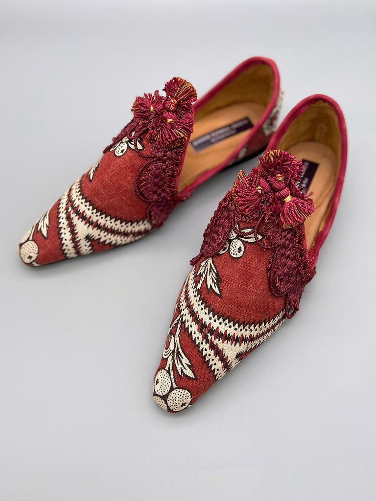 Jongleur red madder antique textile bohemian flat shoes. Pavilion Parade signature collection from Joanne Fleming Design