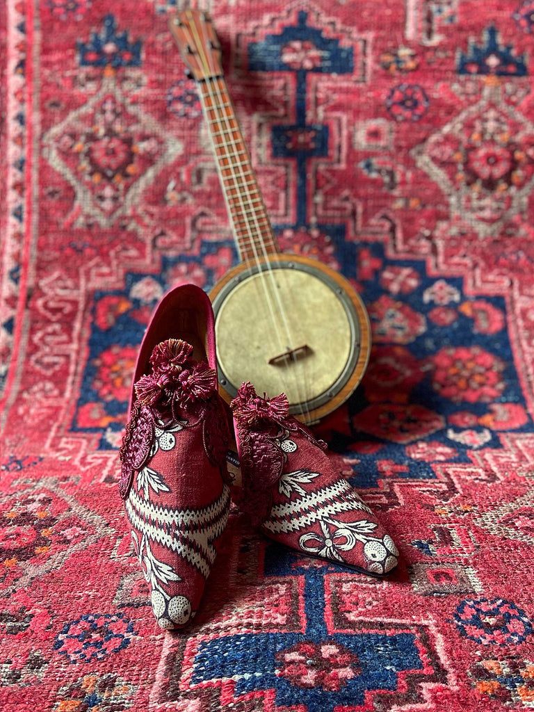 Jongleur red madder antique textile bohemian flat shoes. Pavilion Parade signature collection from Joanne Fleming Design