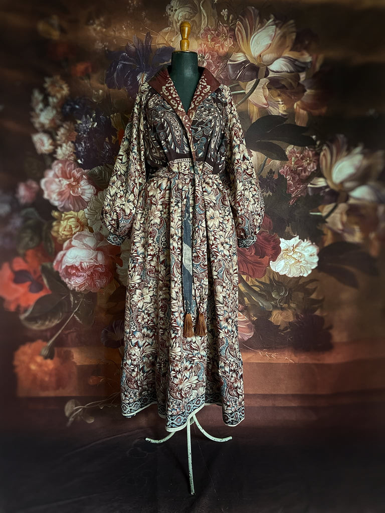 Slate blue and burnt sienna kalamkari and batik cotton reversible robe with very full bishop sleeves. Bohemian style from the Pavilion Parade studio. 
