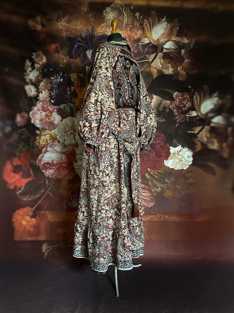Slate blue and burnt sienna kalamkari and batik cotton reversible robe with very full bishop sleeves. Bohemian style from the Pavilion Parade studio. 