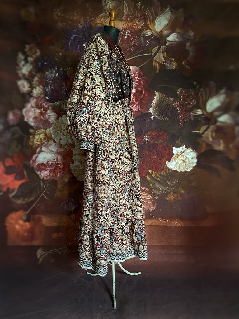 Slate blue and burnt sienna kalamkari and batik cotton reversible robe with very full bishop sleeves. Bohemian style from the Pavilion Parade studio. 