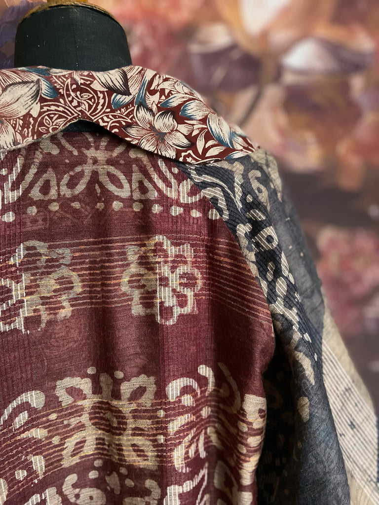 Slate blue and burnt sienna kalamkari and batik cotton reversible robe with very full bishop sleeves. Bohemian style from the Pavilion Parade studio. 