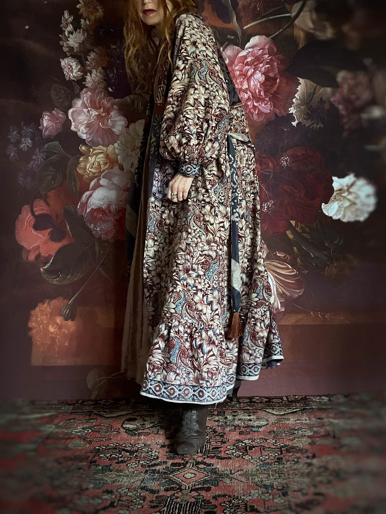 Slate blue and burnt sienna kalamkari and batik cotton reversible robe with very full bishop sleeves. Bohemian style from the Pavilion Parade studio. 