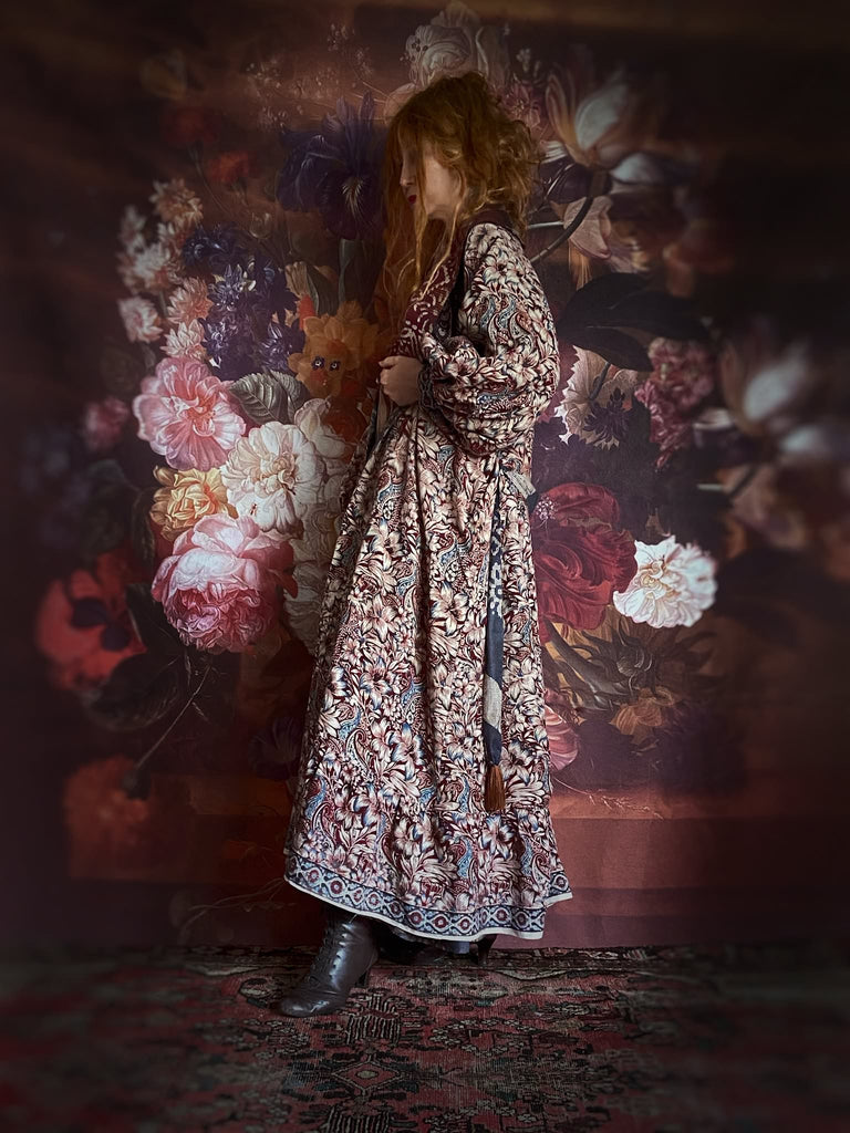 Slate blue and burnt sienna kalamkari and batik cotton reversible robe with very full bishop sleeves. Bohemian style from the Pavilion Parade studio. 