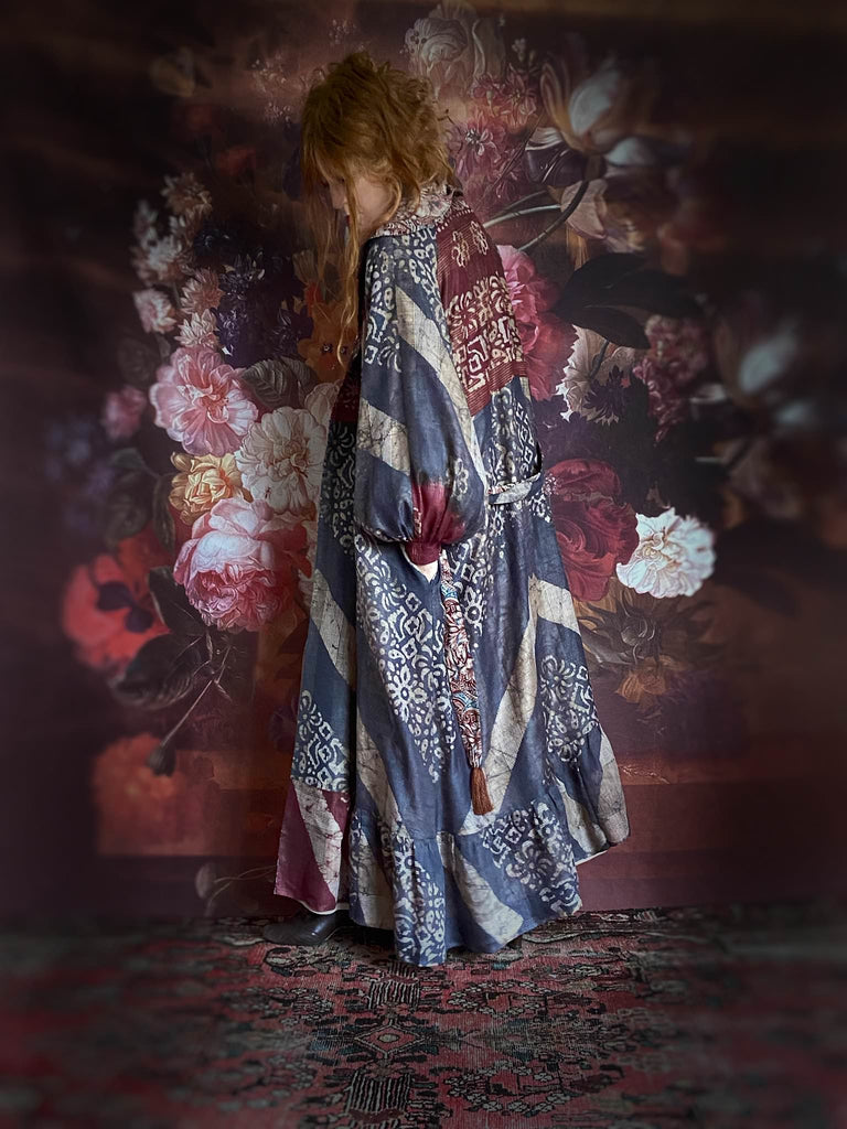 Slate blue and burnt sienna kalamkari and batik cotton reversible robe with very full bishop sleeves. Bohemian style from the Pavilion Parade studio. 