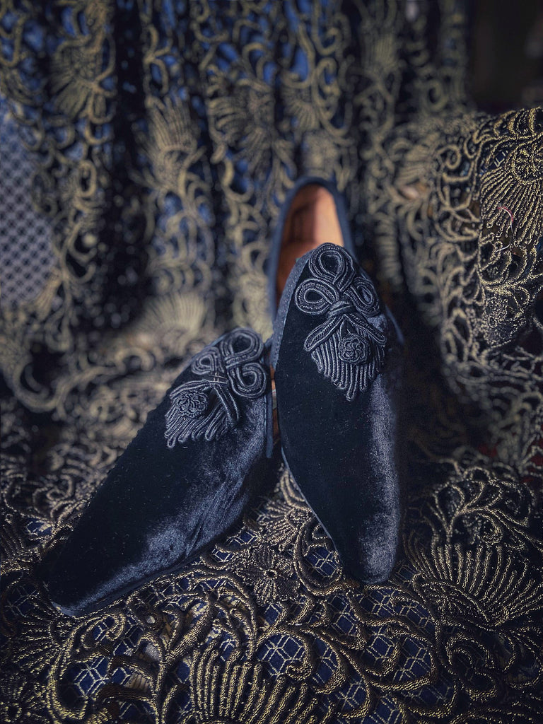 Black silk velvet pointed toe shoes with antique Victorian soutache braid embellishment by Pavilion Parade
