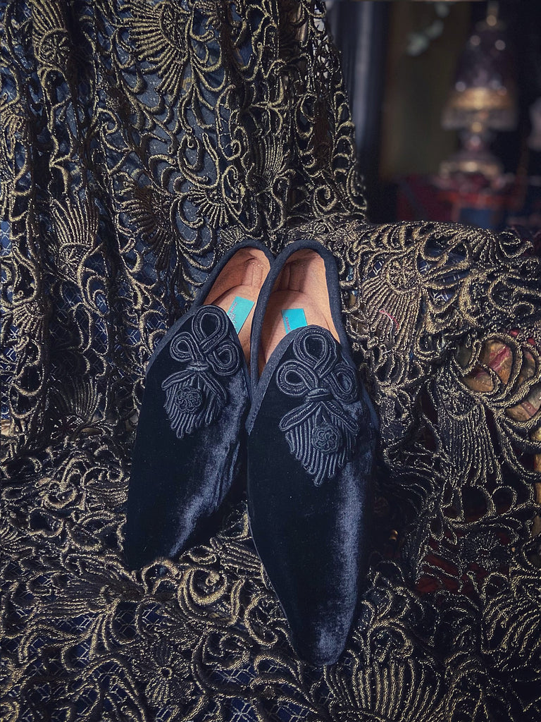 Black silk velvet pointed toe shoes with antique Victorian soutache braid embellishment by Pavilion Parade