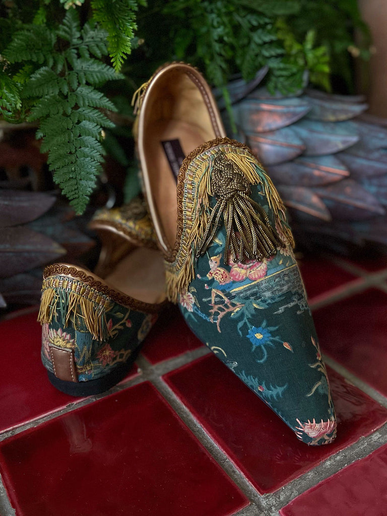 Tasseled bohemian flat shoes in antique chinoiserie textiles  - tones of pink blue and gold - Pavilion Parade from Joanne Fleming Design