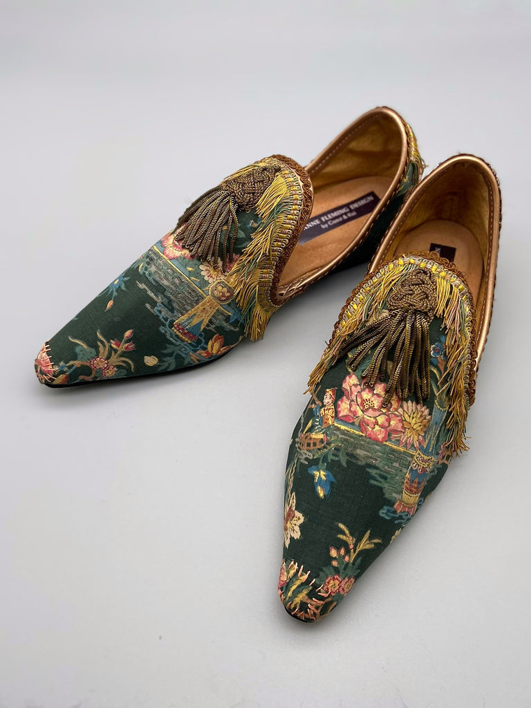 Tasseled bohemian flat shoes in antique chinoiserie textiles  - tones of pink blue and gold - Pavilion Parade from Joanne Fleming Design