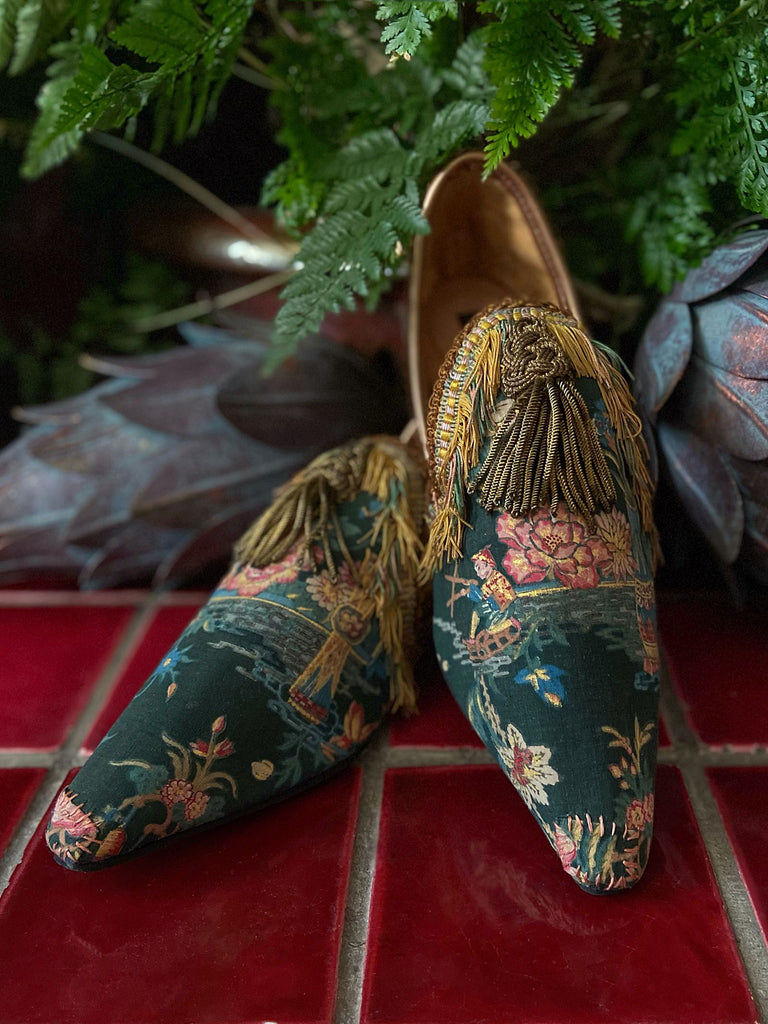 Tasseled bohemian flat shoes in antique chinoiserie textiles  - tones of pink blue and gold - Pavilion Parade from Joanne Fleming Design