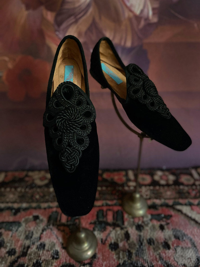 Black silk velvet slipper shoes with vintage silk soutache embellishment by Pavilion Parade