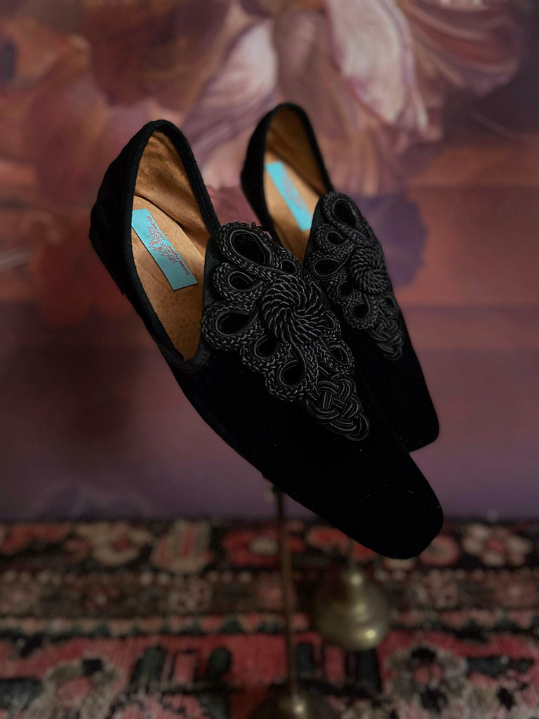 Black silk velvet slipper shoes with vintage silk soutache embellishment by Pavilion Parade