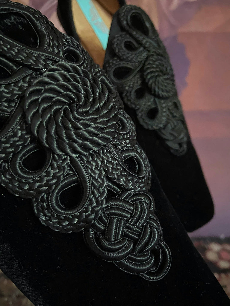 Black silk velvet slipper shoes with vintage silk soutache embellishment by Pavilion Parade