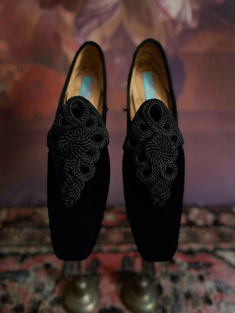 Black silk velvet slipper shoes with vintage silk soutache embellishment by Pavilion Parade