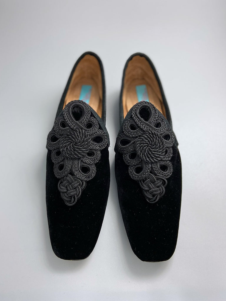 Black silk velvet slipper shoes with vintage silk soutache embellishment by Pavilion Parade